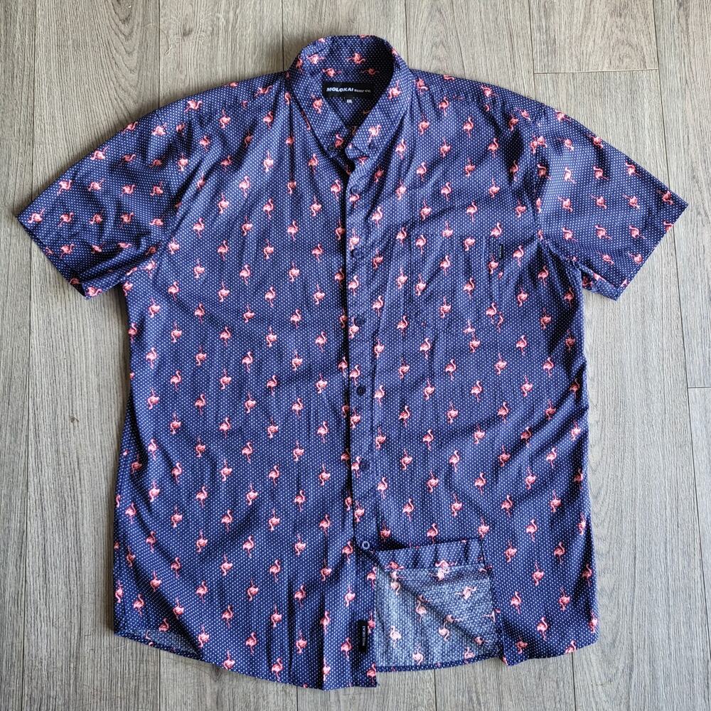 Molokai Surf Co. Men's Cotton XXLarge Short Sleeve Flamingo Blue Button up Shirt